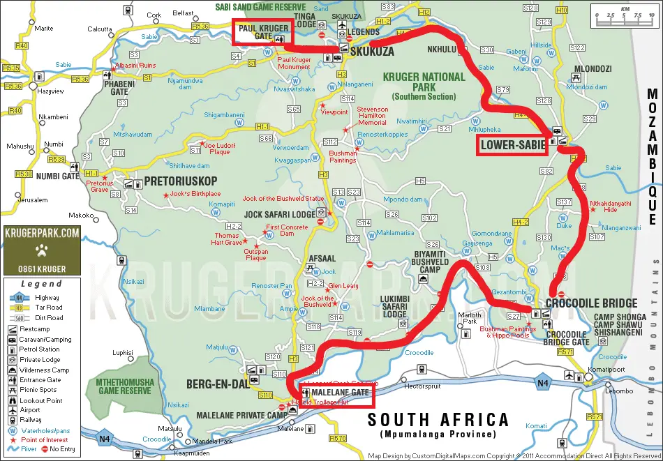 Itinéraire du jour 1 au Kruger National Park en Afrique du Sud : de Skukuza à Lower Sabie jusqu'à Malelane Gate