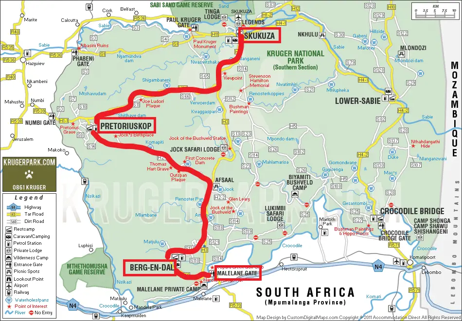 Dag 2-krets i Kruger nationalpark i Sydafrika: från Malelane Gate till Pretoriuskop till Skukuza